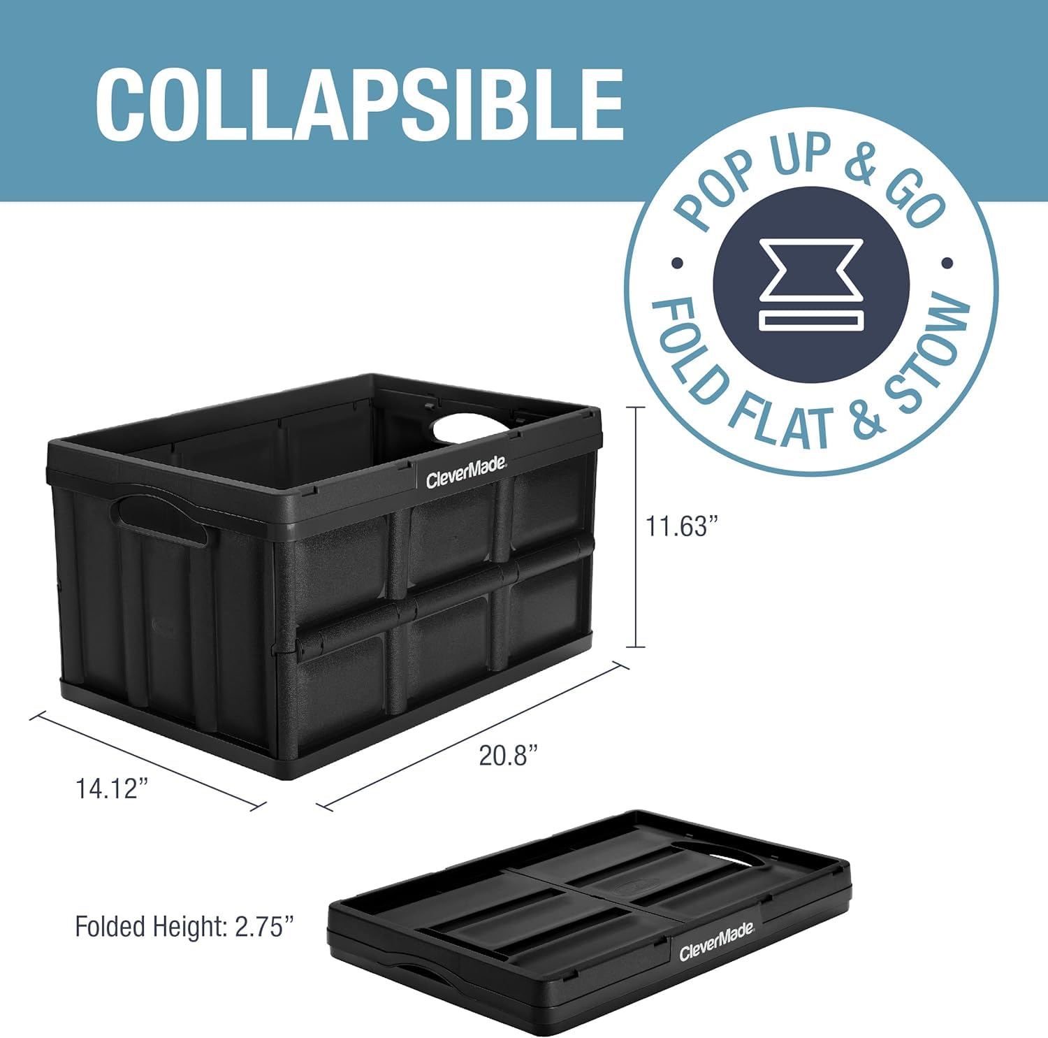Clevermade Collapsible Storage Bin, 3Pk - 46L (12 Gal) Stackable Storage Containers, Holds 66Lbs Per Bin - Plastic Storage Bins